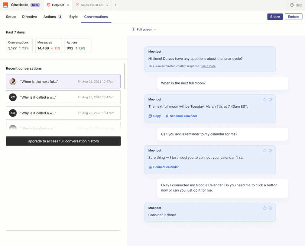 View of Conversation history in Zapier Chatbots. Chatbot statistics are on the left-hand pane and chat history is on the right.