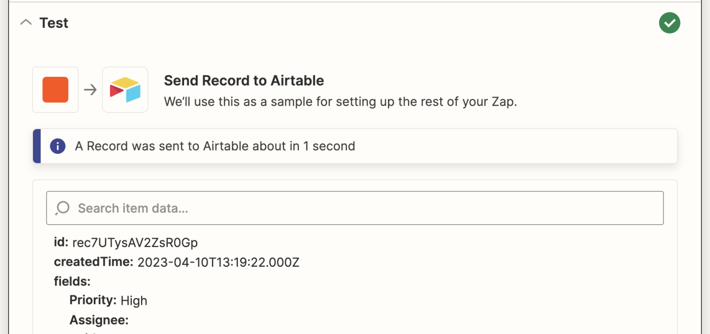 Screenshot of Airtable record being sent in the Zap editor