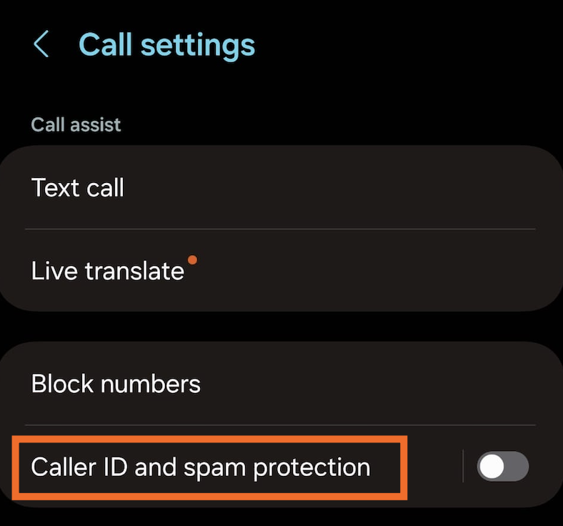 Call settings menu on an Android device with caller ID and spam protection highlighted. 