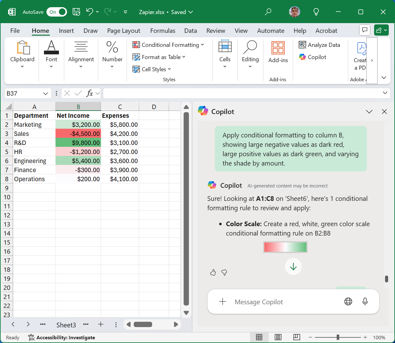 Applying conditional formatting with Copilot in Excel