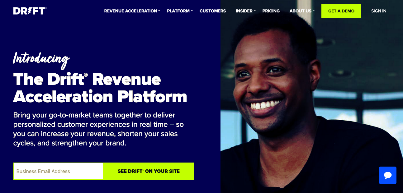A CTA on the Drift home page that says "SEE DRIFT ON YOUR SITE"