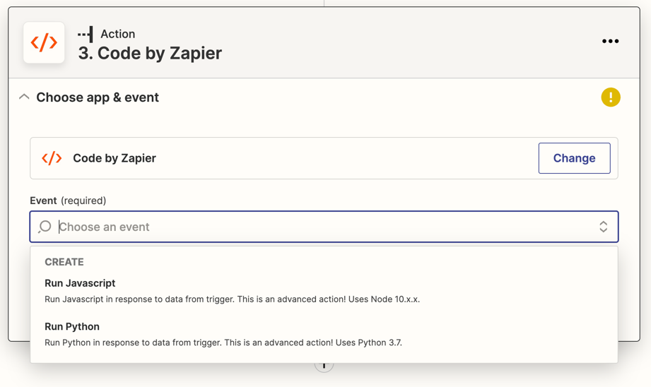 A field labeled Event with Run Javascript and Run Python shown in a dropdown menu.