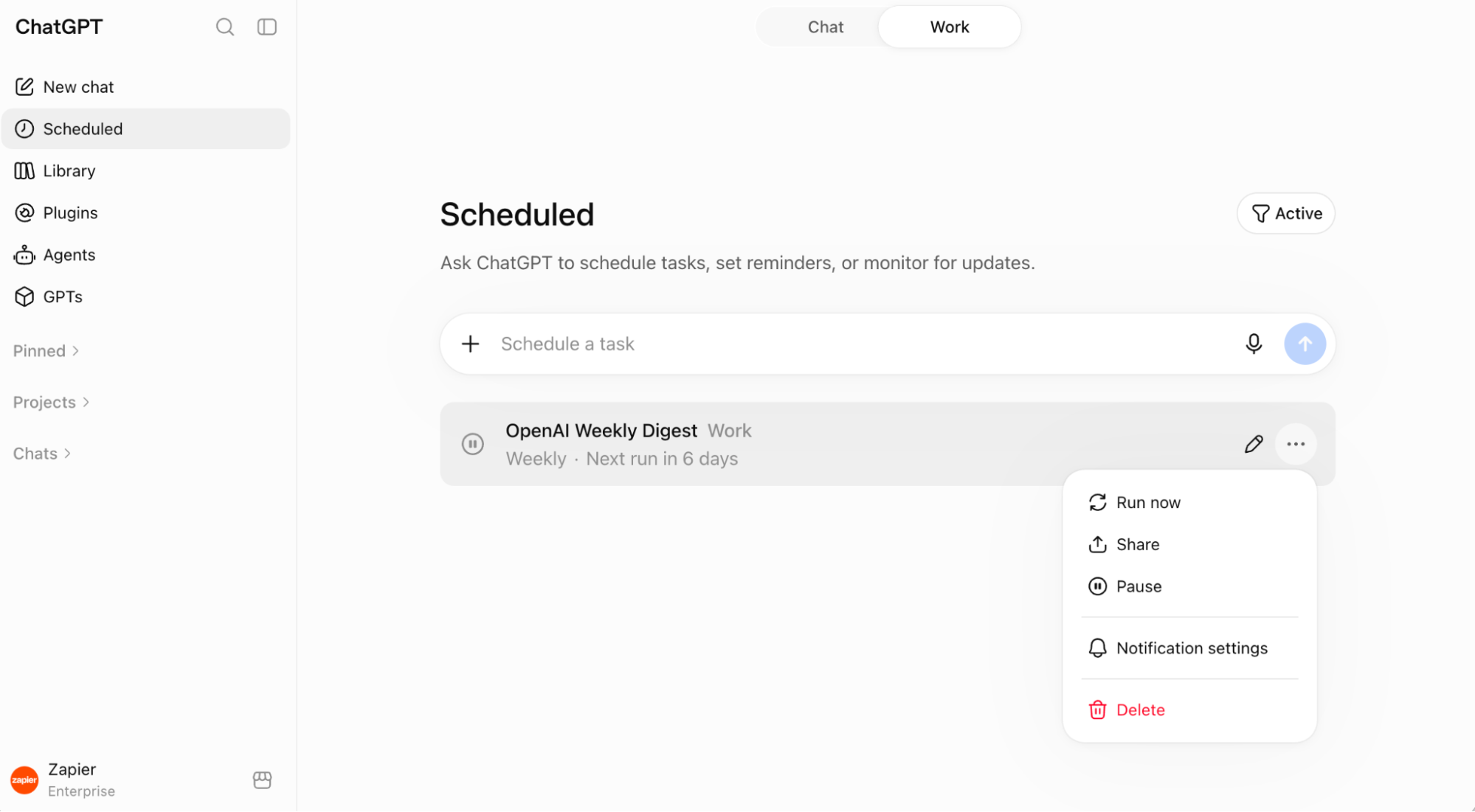ChatGPT Scheduled Tasks page with a list of scheduled tasks. 