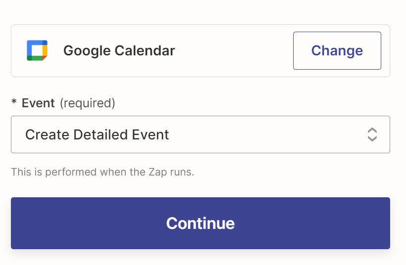 Google Calendar has been selected with Create Detailed Event selected in the Event field.