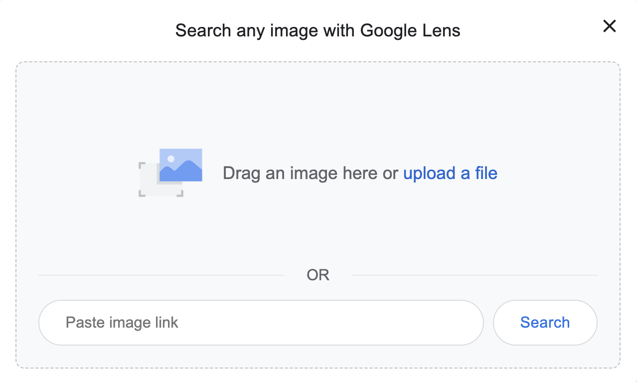 Google Lens popup with options to drag an image into the box or upload a file. 