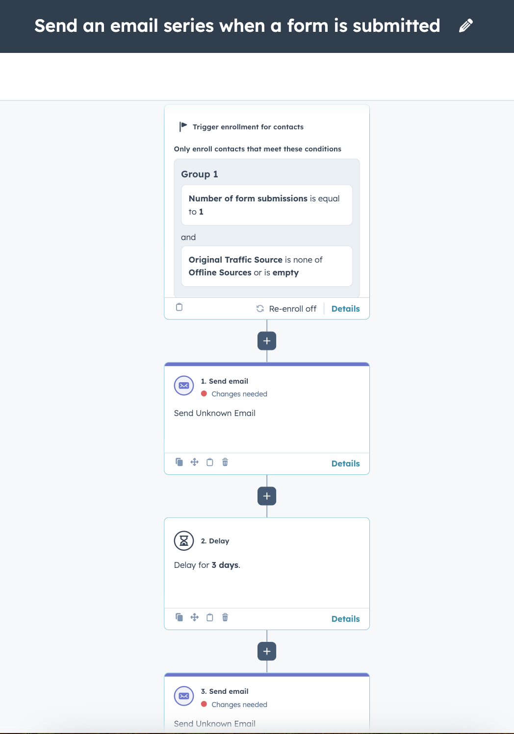 The visual workflow builder in HubSpot for the welcome workflow