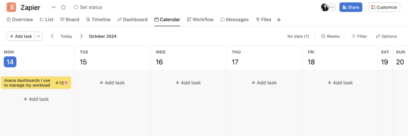 The Project calendar view in Asana