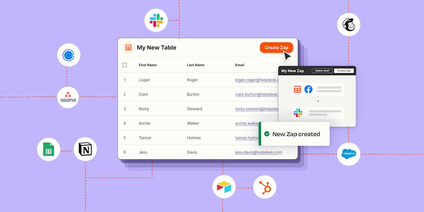 Two side-by-side graphics from Zapier Tables. The left image is a list of Zapier Tables with the cursor hovering over a button that reads "Create Zap." The right image is a list of four possible automations you can create from Tables. 