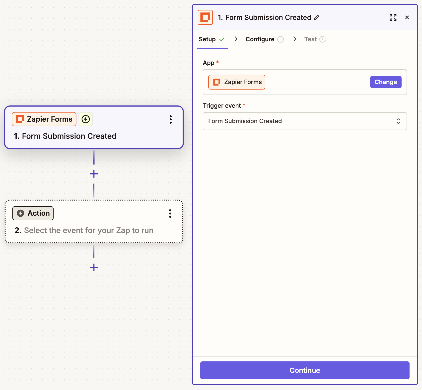 The setup page for a Zapier Forms trigger step