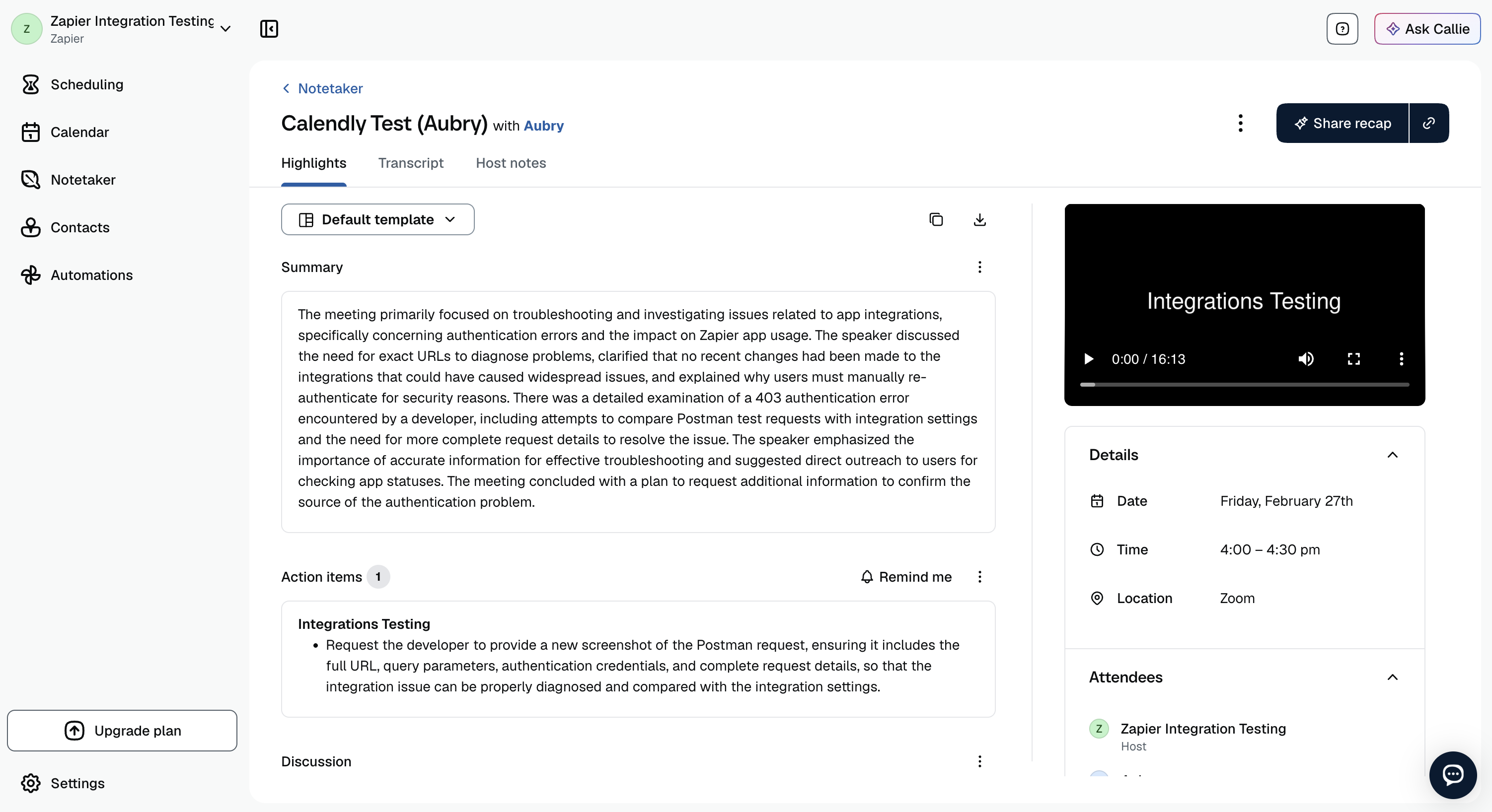 Meeting summary and highlights, transcribed by Notetaker in Calendly.
