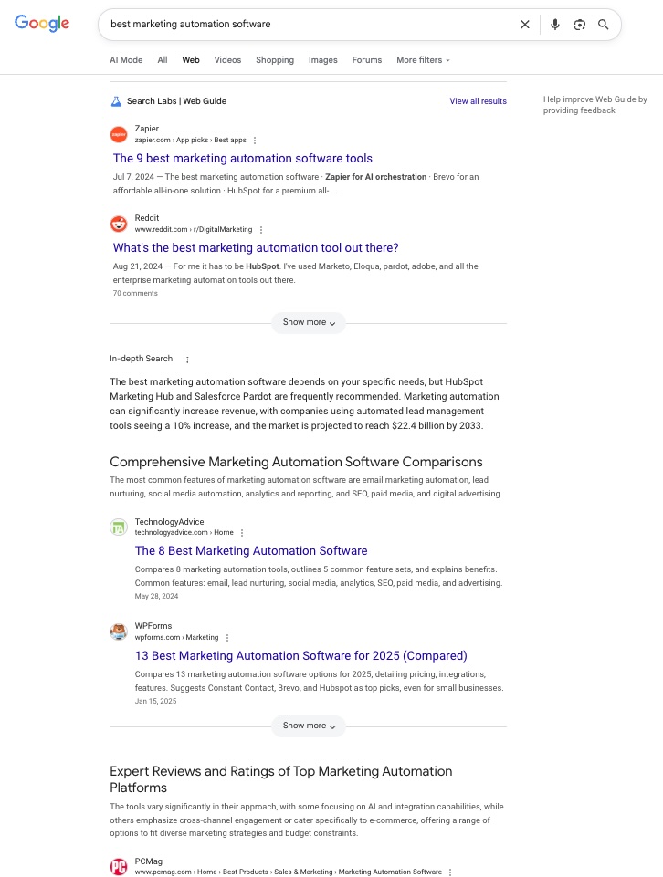 A Google Web Guide results page for "best marketing automation software"