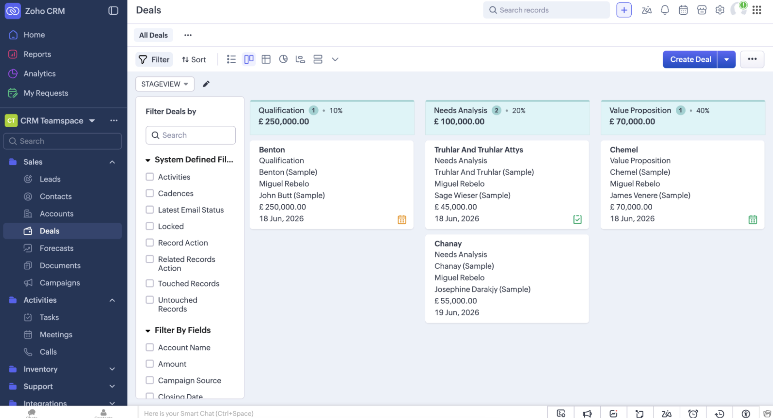 A screenshot of Zoho, an AI CRM.
