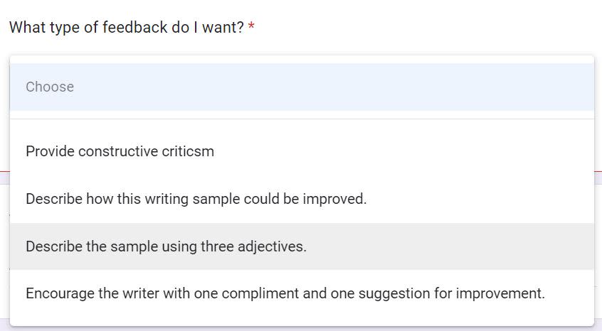 A form field that asks "What type of feedback do I want?" with a list of options to choose from in a dropdown.