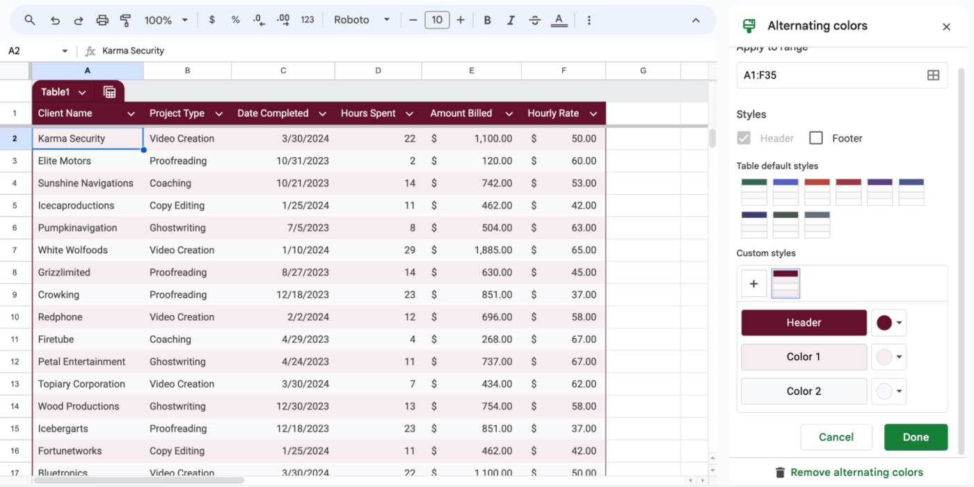 Table in Google Sheets with a custom color theme applied.