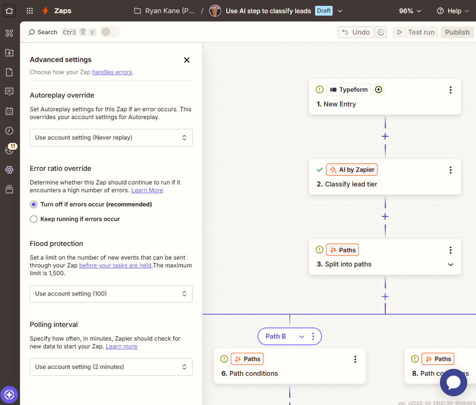 The Zapier workflow editor with Zapier Copilot at work