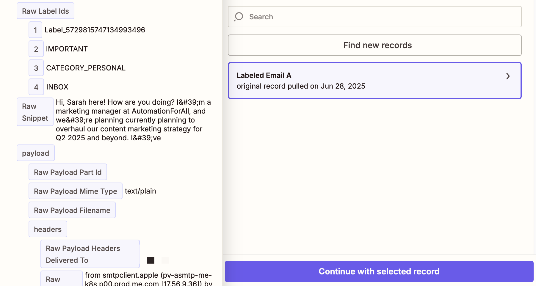 A sample Gmail email in the Zap editor.