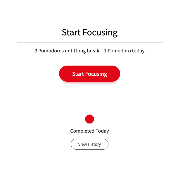 Screenshot of the time tracking timer in the Marinara app, with the text "Start focusing. 3 pomodoros until long break - 1 pomodoro today" and a red button that says "Start focusing"