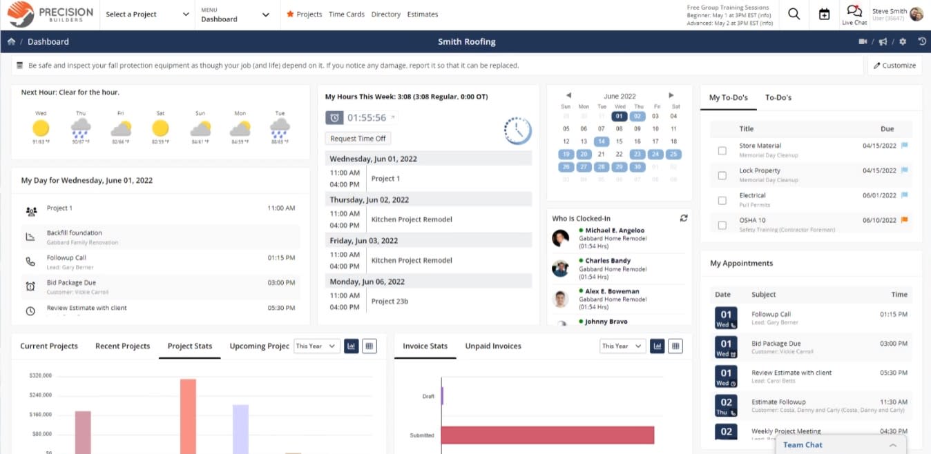 Screenshot of the Contractor Foreman dashboard