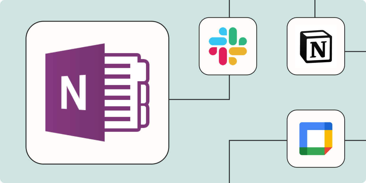 A hero image of the OneNote app logo connected to other app logos on a light blue background.