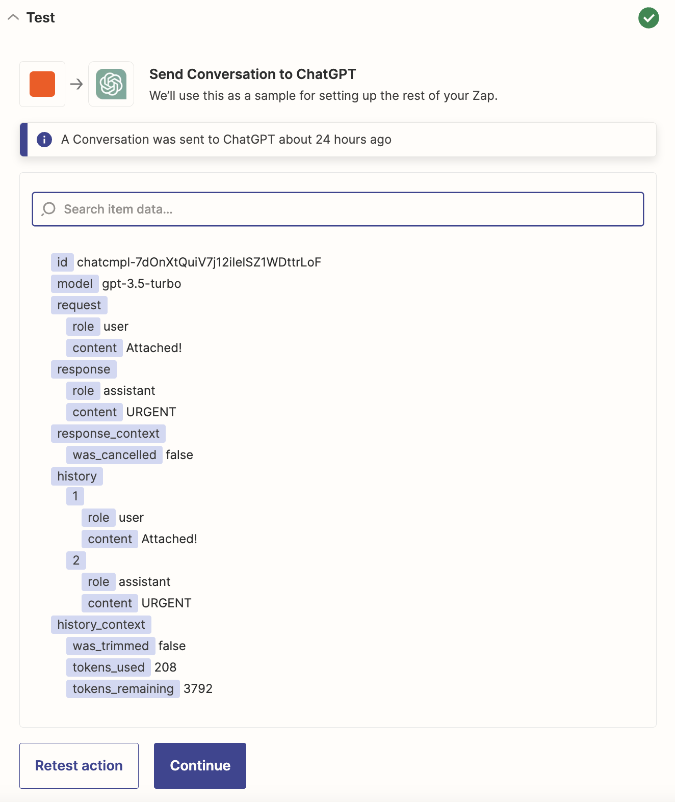 A screenshot of a successful ChatGPT action step test in the Zapier editor.