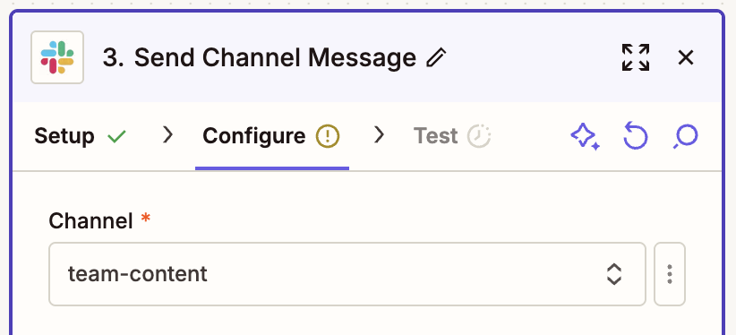 Slack action setup showing a configured Send Channel Message step with channel set to team-content