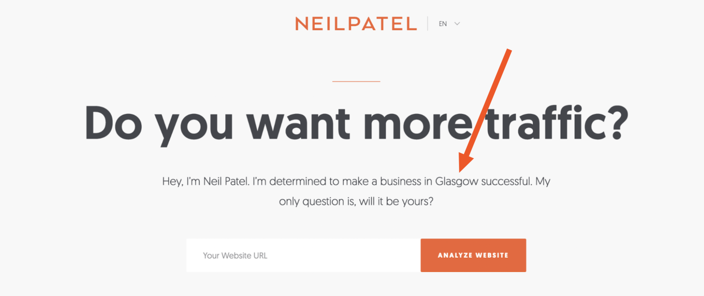 Neil Patel's website with geolocation personalization