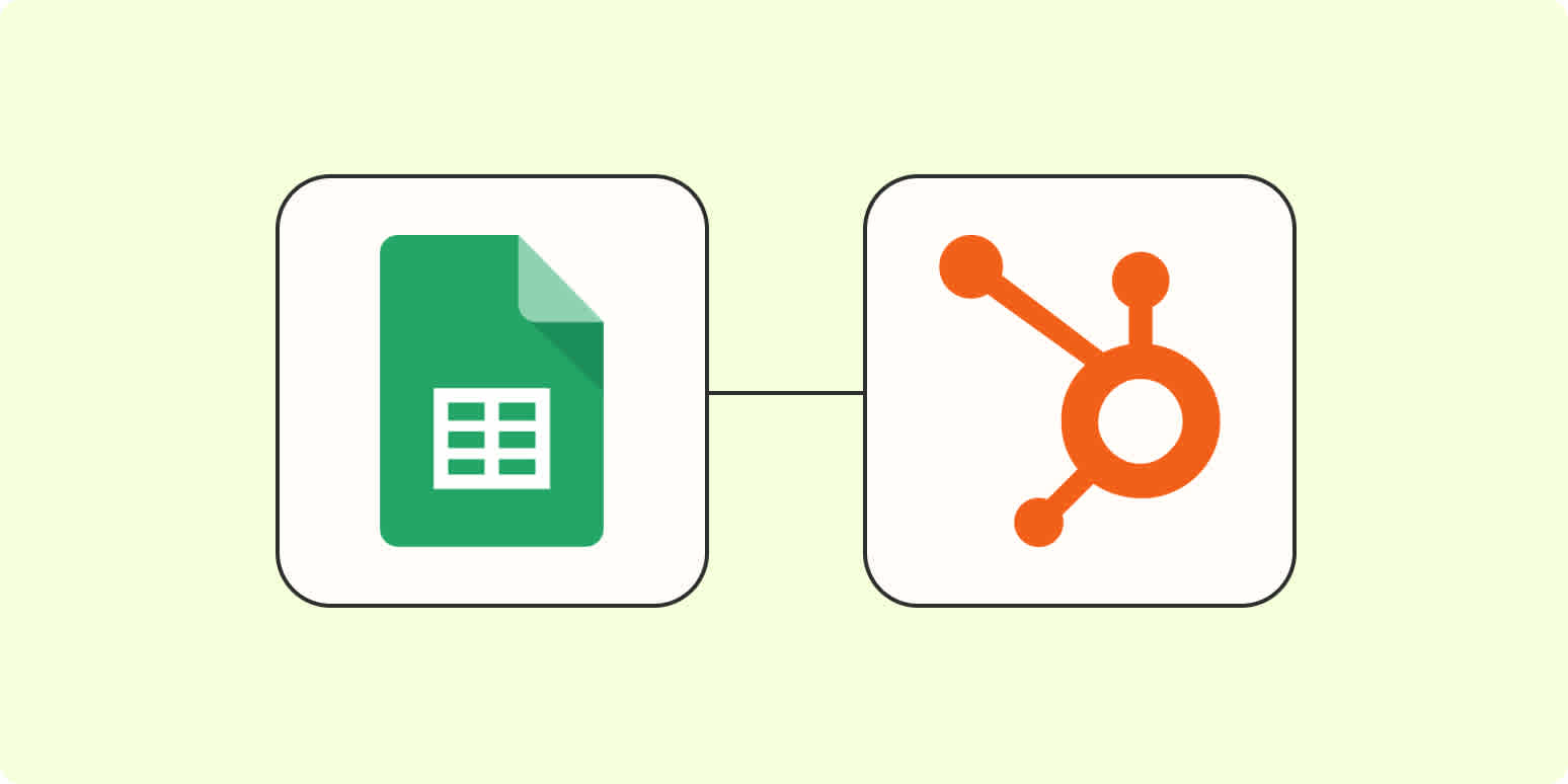Hero image of the Google Sheets app icon connected to the HubSpot app icon on a light yellow background.