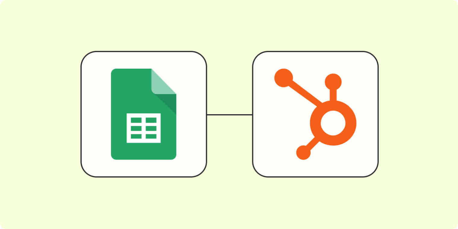 Hero image of the Google Sheets app icon connected to the HubSpot app icon on a light yellow background.