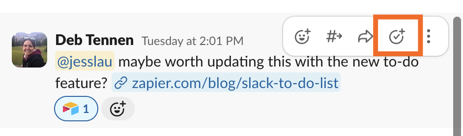 Slack message with the add to-do icon highlighted in the floating toolbar.