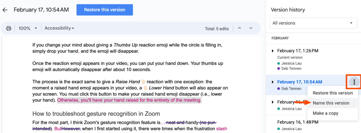 Version history panel in Google Docs. The "More" dropdown menu is visible with an arrow pointing to "Name this version."