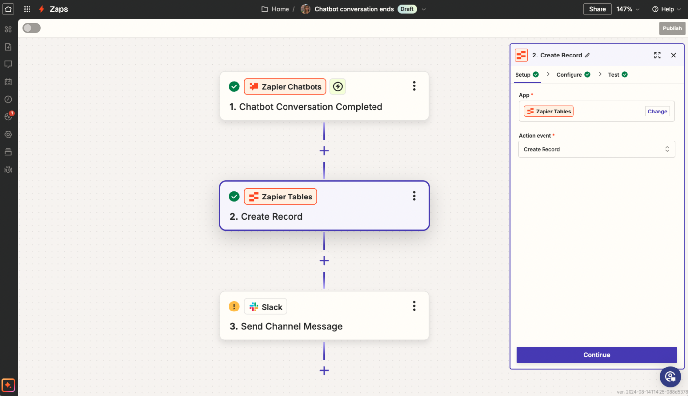 Zap of Chatbot transcript to Table