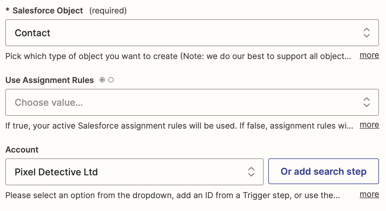 Salesforce fields in the Zap editor.