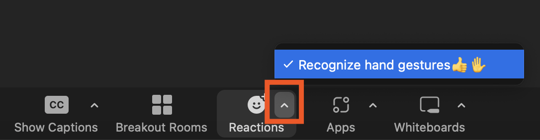 Portion of Zoom's meeting control bar. The up arrow beside "Reactions" is selected with a checkmark beside "Recognize hand gestures thumbs up and raised hand" to indicate the feature is turned on.