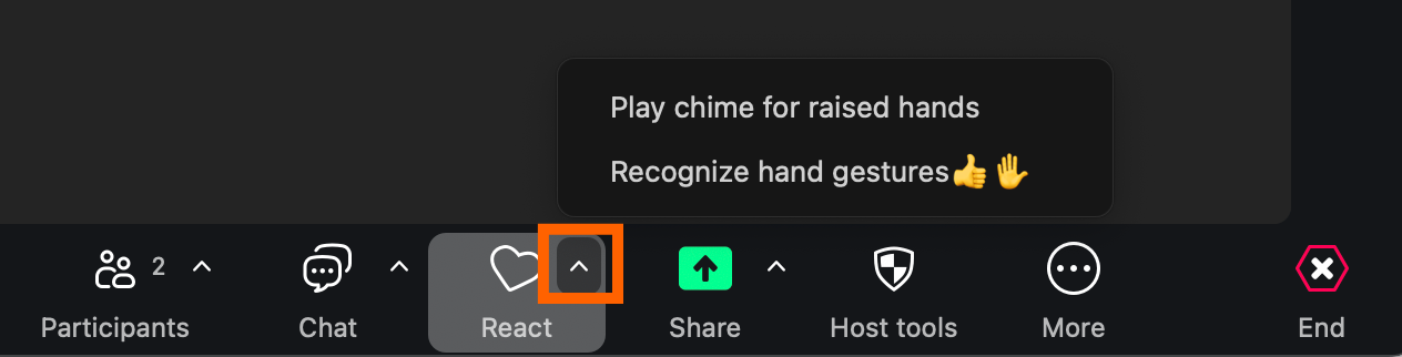 Expanded view of the react dropdown in the Zoom meeting control bar. 