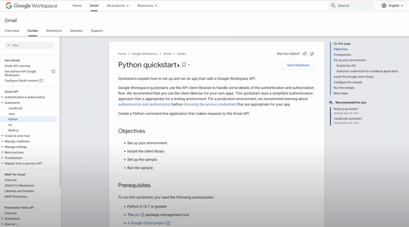 Screenshot showing where to find the Gmail API on Google Workspace.