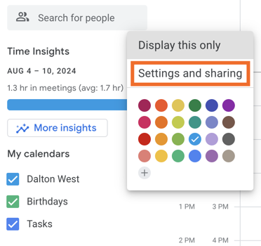 An image displays the settings and sharing button in Google Calendar.