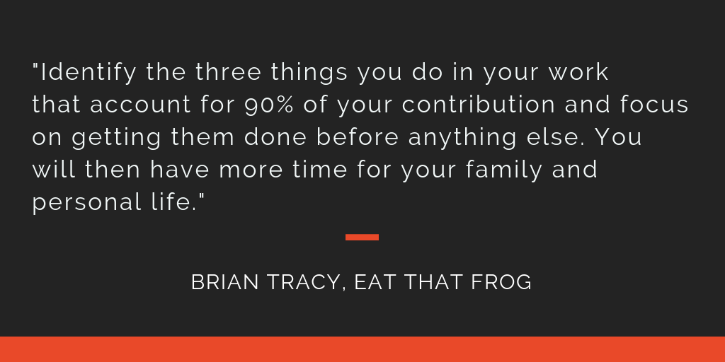 Eat That Frog principle 8: Identify the three things you do in your work that account for 90% of your contribution and focus on getting them done before anything else. You will then have more time for your family and person life.