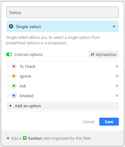 Creating a "Single select" list with selectable options in AirTable