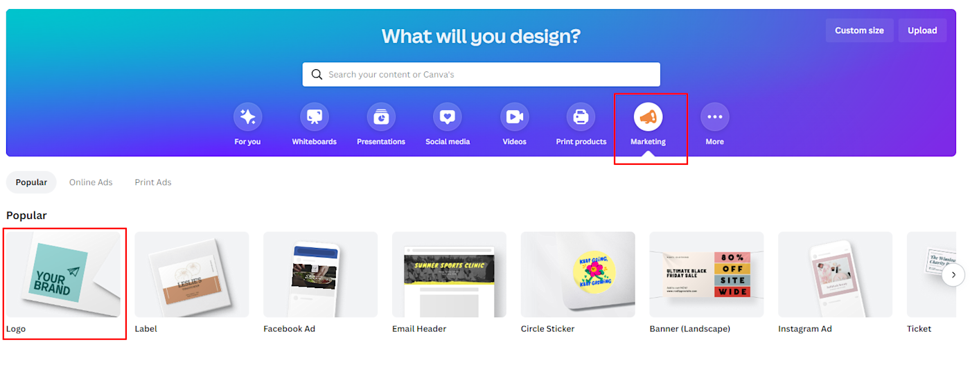 Clicking Logo under the Marketing tab in Canva