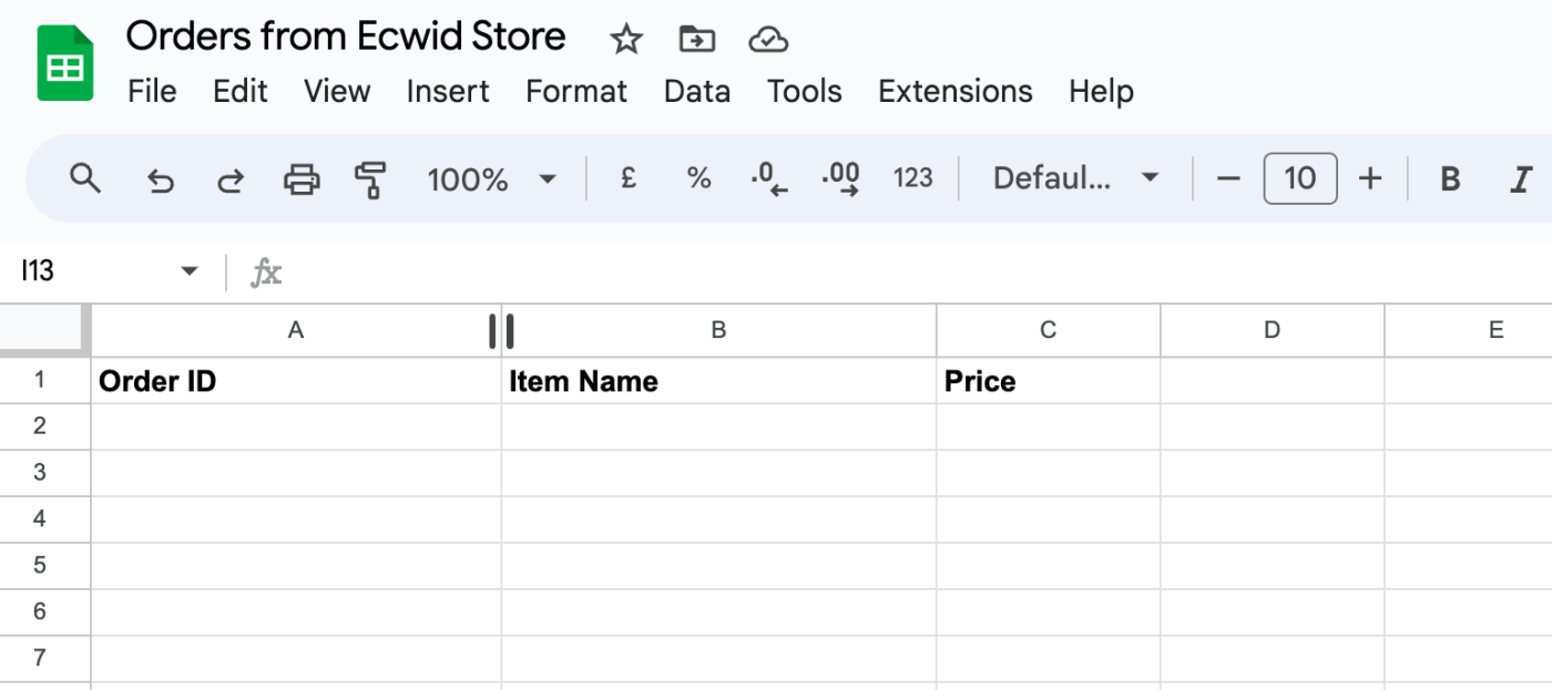 A Google Sheet with columns for Order ID, Item Name, and Price.