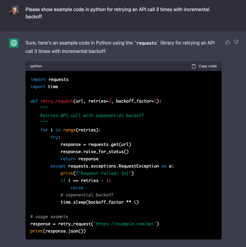Asking ChatGPT for example Python code