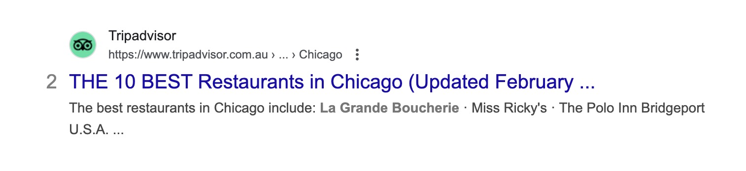 The Tripadvisor Google result for the best restaurants in Chicago