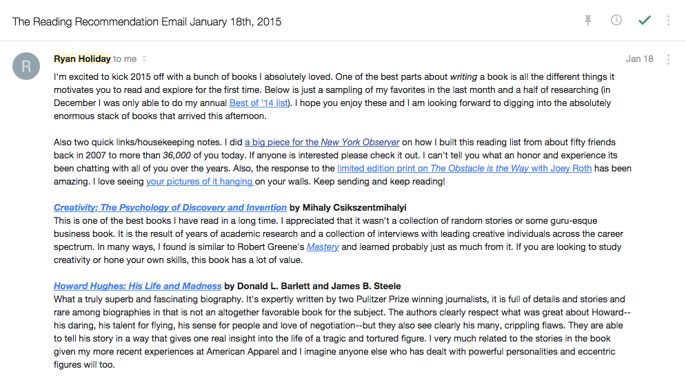 Ryan Holiday Email Newsletter