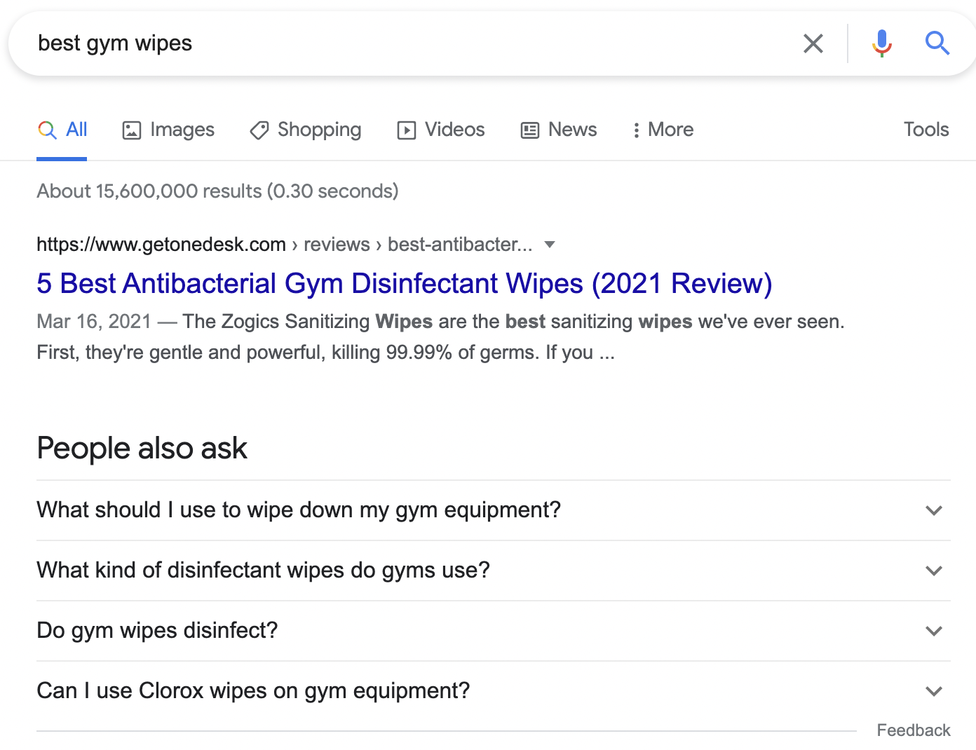 A search for "best gym wipes" and the results