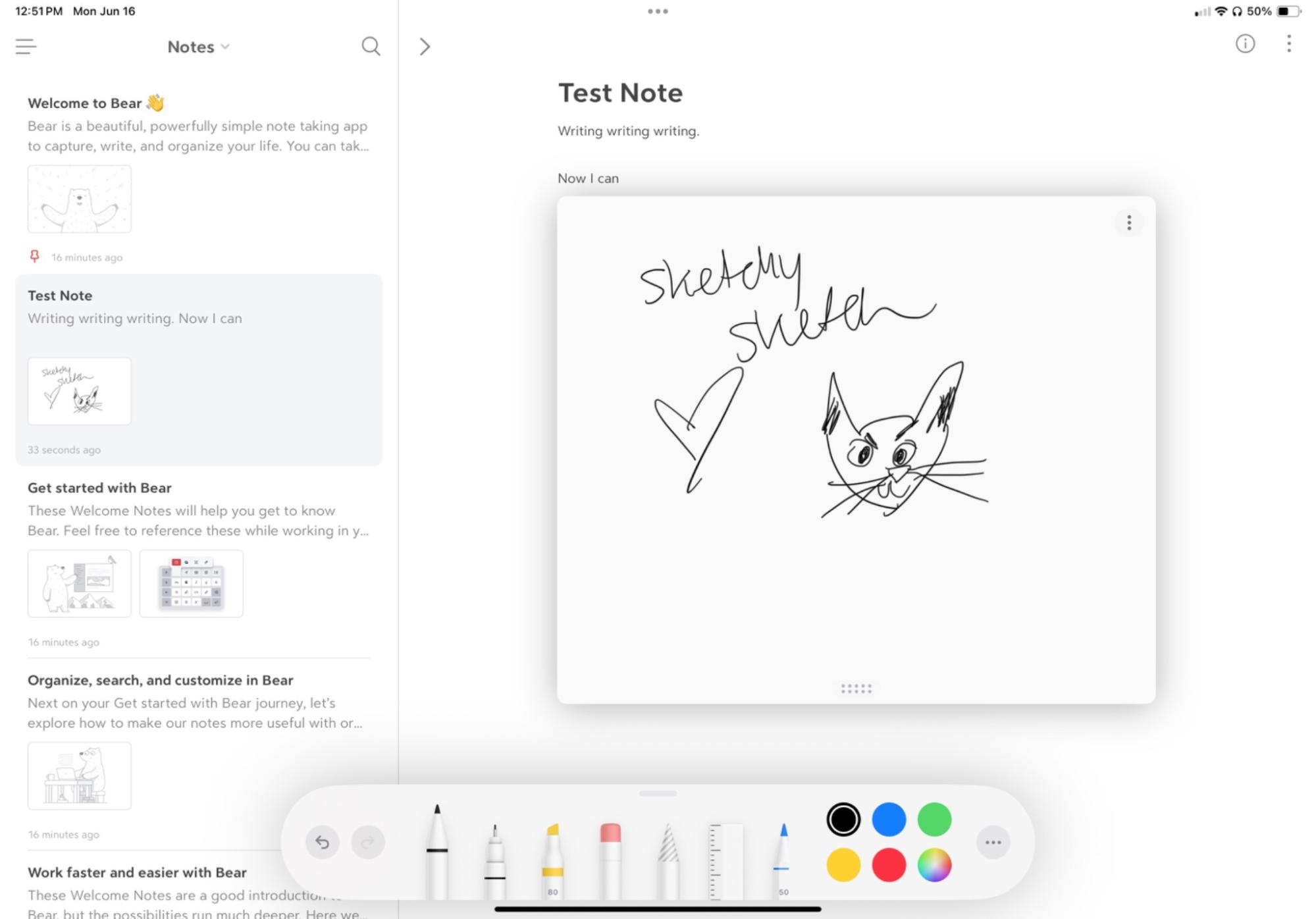 Bear, our pick for the best iPad note-taking app for Markdown power users