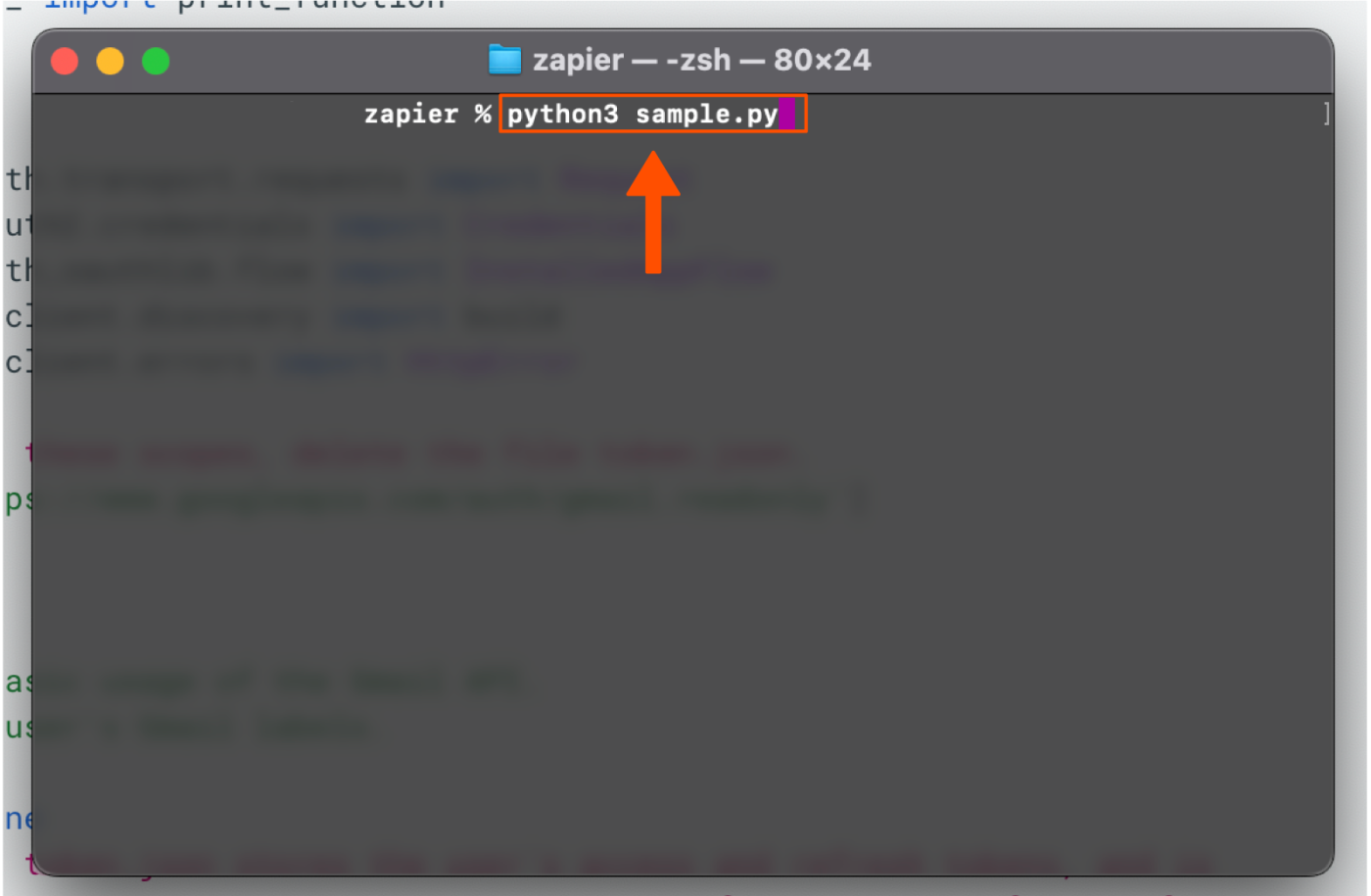 Screenshot of the sample Gmail API code in Terminal.