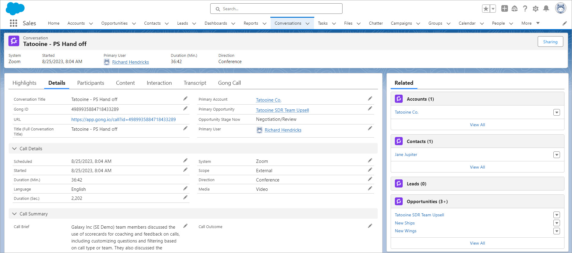 A screenshot showing Gong's Salesforce integration