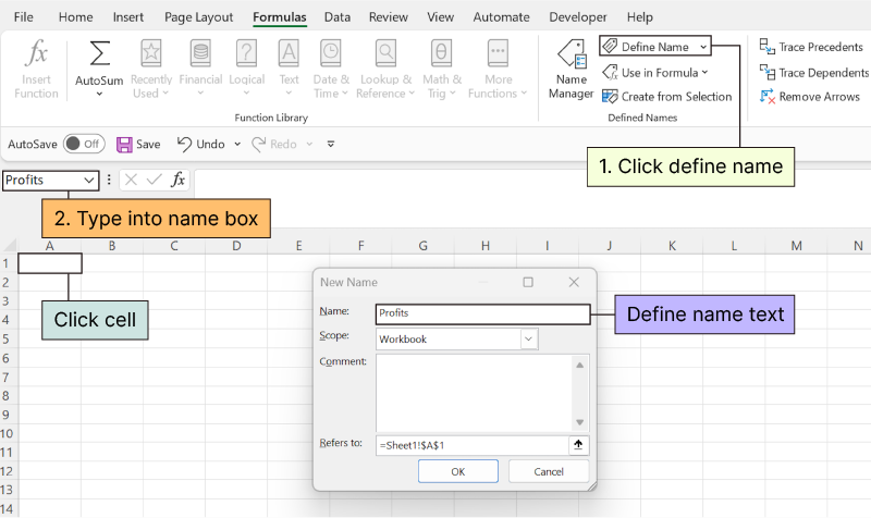 How to write formulas in Excel using predefined names, step one