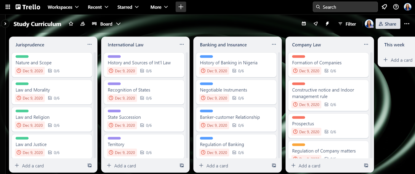 A board for studying in Trello