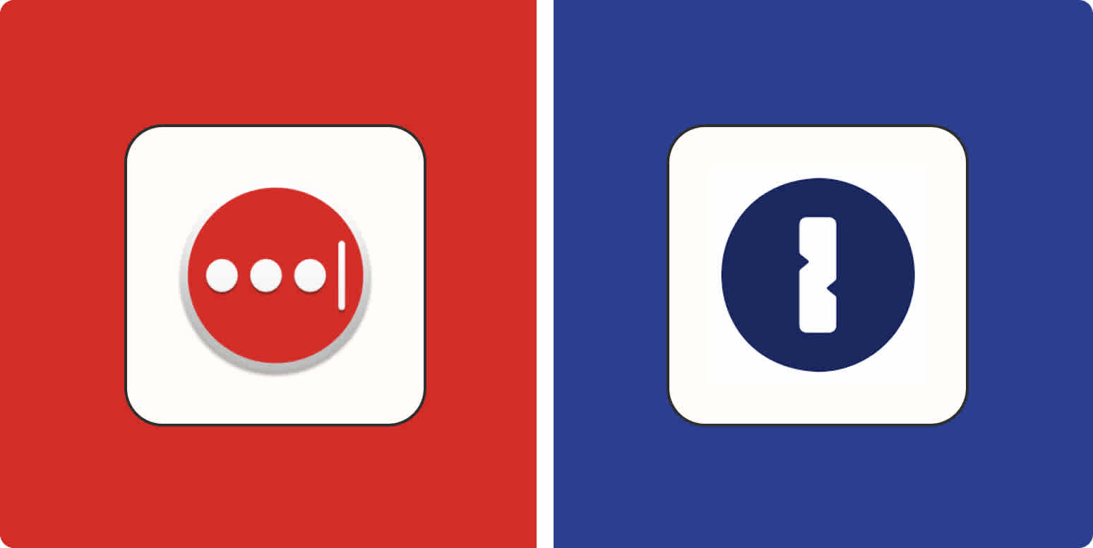 Hero image for app comparisons with the LastPass logo on a red background and the 1Password logo on a blue background